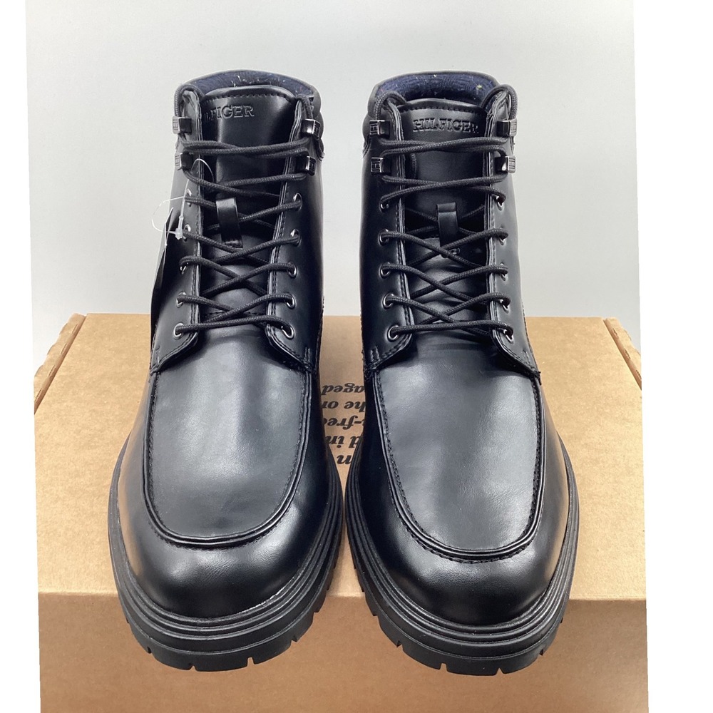 Tommy Hilfiger Men Gervis Black Lace Up Moc Toe Combat Boots Memory Foam Insole